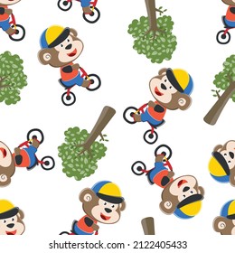 Seamless pattern of Cute monkey riding a red bicycle. Trendy children graphic. Vector illustration. T-Shirt Design for children. Design elements for kids.