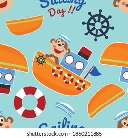 Seamless pattern with cute monkey sailor, steering wheel and lifebuoy. Cute Marine pattern for fabric, baby clothes, background, textile, wrapping paper and other decoration.