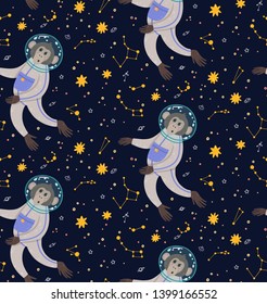 Seamless pattern with cute monkey in the space on skies objects background. Funny children's vector illustration. Ape in the cosmos surrounded by stars.