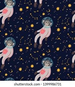 Seamless pattern with cute monkey in the space on skies objects background. Funny children's vector illustration. Ape in the cosmos surrounded by stars.