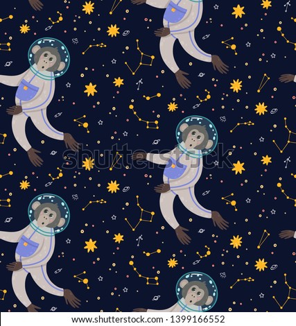 Seamless pattern with cute monkey in the space on skies objects background. Funny children's vector illustration. Ape in the cosmos surrounded by stars.