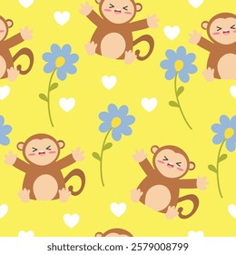 Seamless pattern with cute monkey. Suitable for wallpaper, backdrop, wrapping paper, fabrics, textile, packaging, etc