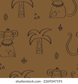 Seamless pattern with a cute monkey surrounded by tropical plants. Vector illustration in doodle style for your design