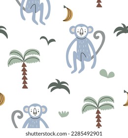 Seamless pattern with a cute monkey surrounded by tropical plants. Vector illustration for your design