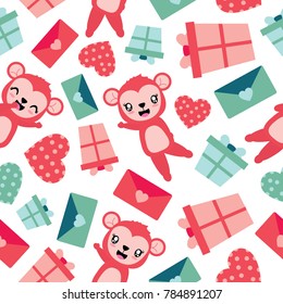 Seamless pattern of cute monkey and Valentine elements vector cartoon illustration for Valentine wrapping paper, kid fabric clothes, and wallpaper