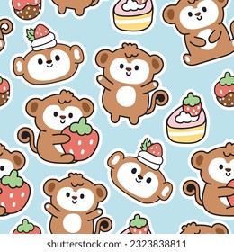 Seamless pattern of cute monkey in various poses with strawberry cake sticker on blue background.Wild animal character cartoon design.Kawaii.Vector.Illustration.