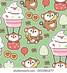 Seamless pattern of cute monkey in various poses background.Cupcake,balloon,cookies,banana,grass,tree hand drawn.Wild animal character cartoon design.Baby clothing.Kawaii.Vector.Illustration.