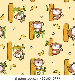 Seamless pattern of cute monkey in various poses stay on tree with flower and banana background.Nature.Jungle.Wild animal character cartoon design.Image for card,sticker,baby clothing.Kawaii.