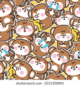 Seamless pattern of cute monkey in various feeling and poses sticker background.Emotional.Banana.Wild animal character cartoon design.Image for card,sticker,baby clothing.Kawaii.Vector.Illustration.