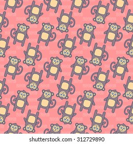 Seamless pattern with cute monkey. Vector hand drawn funny animals. Pink background. Symbol of the Year 2016
