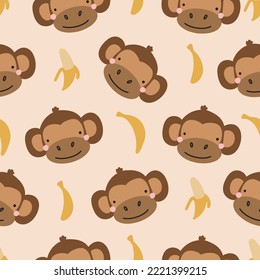 seamless pattern with cute monkeys and bananas. Vector illustration for your design.