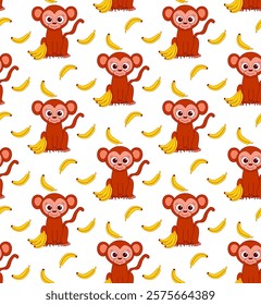 Seamless pattern with cute monkeys and bananas. Cartoon vector graphic line background.

