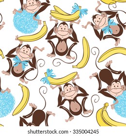 Seamless pattern with cute  monkeys and bananas. Cartoon vector background.