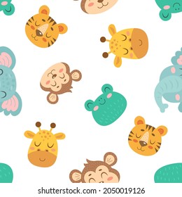 Seamless pattern with cute monkeys, elephants, giraffes, frogs isolated on white background