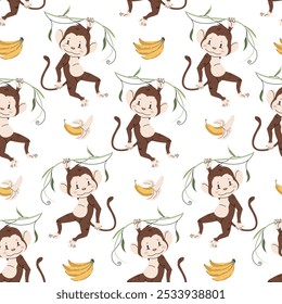 Seamless pattern with cute monkeys in flat style. Repeating background with African animals, vines and bananas. Children's illustration for fabric, wallpaper, wrapping paper, scrapbooking, etc.