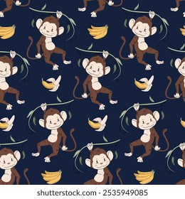 Seamless pattern with cute monkeys in flat style. Repeating background with African animals, vines and bananas. Children's illustration for fabric, wallpaper, wrapping paper, scrapbooking, etc.