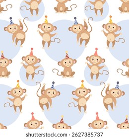Seamless pattern with cute monkeys in hats for party. Birthday, holiday, congratulations, invitation. Vector illustration.