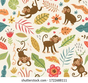 Seamless pattern with cute monkeys in the jungle.