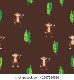 Seamless pattern with cute monkeys on a dark background in cartoon style.