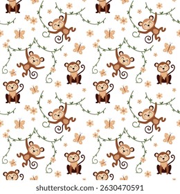 Seamless pattern with cute monkeys on jungle vines. Adorable jungle animal pattern for kids. Whimsical monkey design, Tropical hand drawn vector paper in flat cartoon style