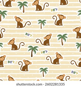 Seamless pattern with cute monkeys with palm tree