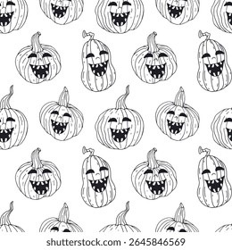 Seamless pattern with cute monochrome hand drawn Halloween jack-o-lantern pumpkins. Black and white Line art spooky repeat background.