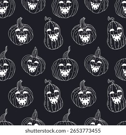 Padrão contínuo com mão monocromática bonito desenhado Halloween jack-o-lanterna abóboras. Preto e branco Linha arte assustadora repetir fundo.