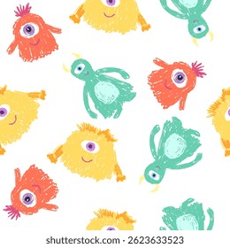 Seamless pattern of cute monster or alien drawn with crayon brush texture 