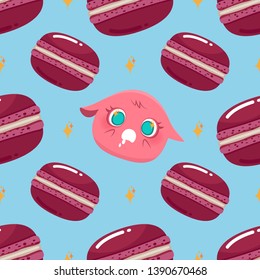 Seamless pattern with cute monster cartoon character and pink macarons  isolated on white background. Use for printing on textiles, t-shirt, cards, wrapping paper, poster, fabric print.  