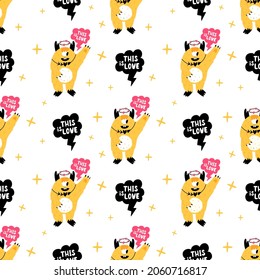 Seamless pattern with cute monster in cartoon style. Love background for Valentine's Day. Childish texture for fabric, wrapping, textile, wallpaper, apparel. 