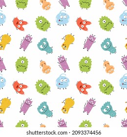 Seamless pattern cute monster. Set characters for children clothing. Endless background in nursery. Wrapping paper for holiday.