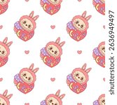 Seamless pattern with Cute Monster Toy Labubu with Heart on white background. Romantic Cartoon Funny kawaii fantasy valentine character. Vector illustration 