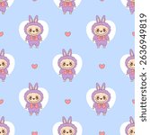 Seamless pattern with Cute Monster Toy Labubu with bow on blue background with Heart. Romantic Cartoon Funny kawaii fantasy character. Vector illustration 