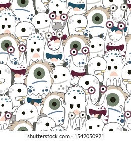 Seamless Pattern Cute Monsters, Cartoon  Background, Vector Illustration