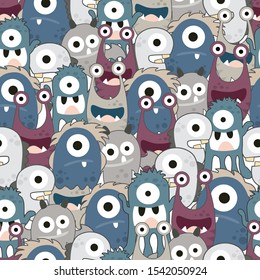 Seamless Pattern Cute Monsters, Cartoon  Background, Vector Illustration