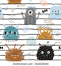 Seamless pattern with cute monsters. Creative childish texture for fabric, wrapping, textile, wallpaper, apparel. Vector illustration