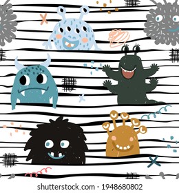 Seamless pattern with cute monsters. Creative childish texture for fabric, wrapping, textile, wallpaper, apparel. Vector illustration
