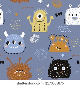 Seamless pattern with cute monsters. Creative childish texture for fabric, wrapping, textile, wallpaper, apparel. Vector illustration