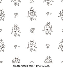 Seamless pattern with cute monsters and cups on  white background. Morning coffee print. Dishes and funny animals poster. Line art childish illustration. Doodle cartoon wallpaper.