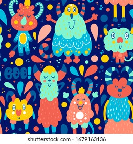 Seamless Pattern of cute Monsters. Design for cards, clothes and other