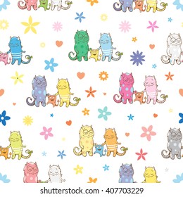 Seamless pattern with cute monsters family on a white  background. Father, mother and son. Vector image. Children's illustration.