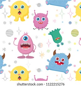 Seamless pattern with cute monsters on white background.