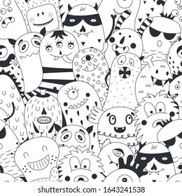 Seamless pattern with cute monsters on a white background.Scandinavian vector illustration.  It's perfect for coloring books, posters, room decor and children prints.