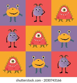 Seamless pattern with cute  monsters on colorful background. Repeated childish background. Good for wrapping paper, wallpaper, paper design, baby wear,textile. Eps 10