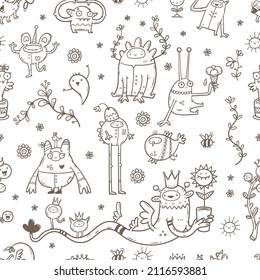 Seamless pattern and cute monsters white background  Cartoon funny creatures print  Doodle plants wallpaper 