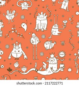 Seamless pattern and cute monsters red background  Cartoon funny creatures print  Doodle plants wallpaper 