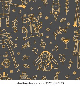 Seamless pattern with cute monsters on dark background. Cartoon funny creatures print. Doodle plants wallpaper.