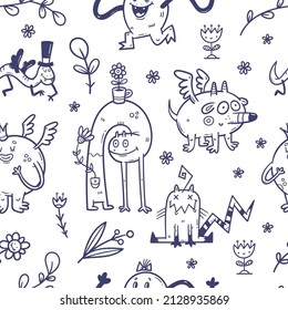 Seamless pattern and cute monsters white background  Cartoon funny creatures print  Doodle plants wallpaper 