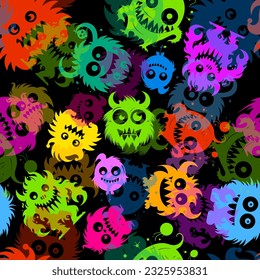 Seamless pattern cute monsters. on a black background . Vector illustration