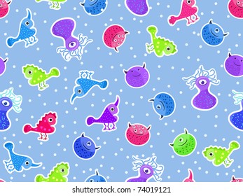 seamless pattern with cute monsters on light blue background